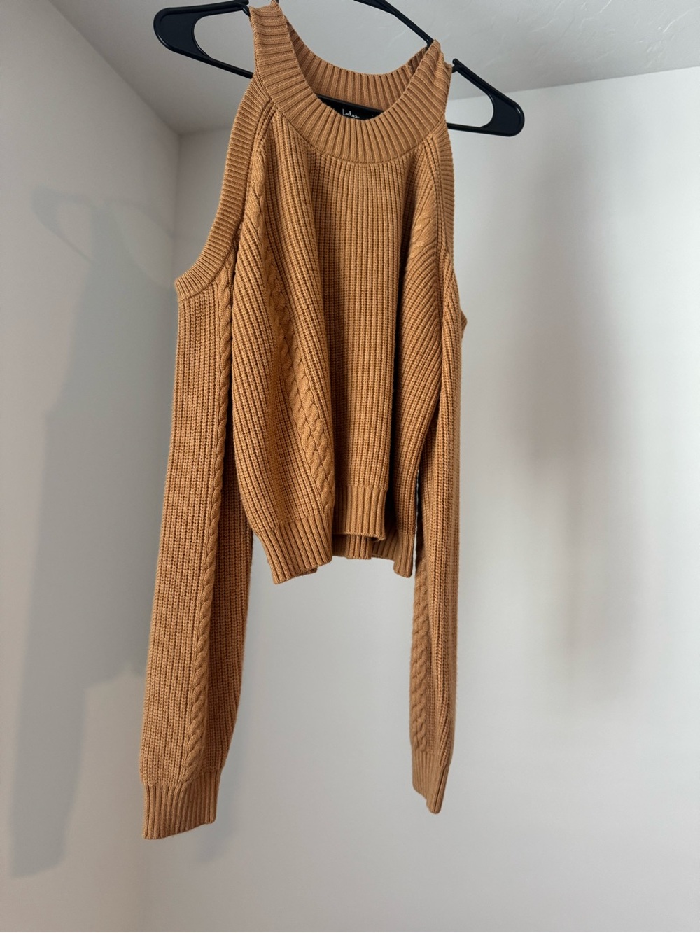 Lulu's Camel Off-Shoulder Cable Knit Sweater